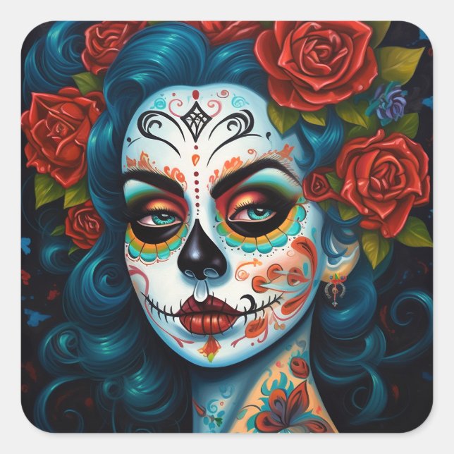 Pegatina Cuadrada Día De Los Muertos En El Chica De La Calavera Del  (Anverso)