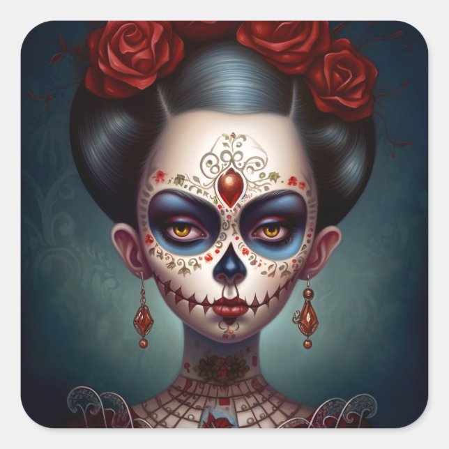 Pegatina Cuadrada Día De Los Muertos En El Chica De La Calavera Del  (Anverso)