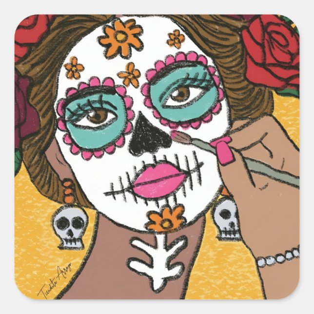 Pegatina Cuadrada Dia de los Muertos Floral Make Up  (Anverso)