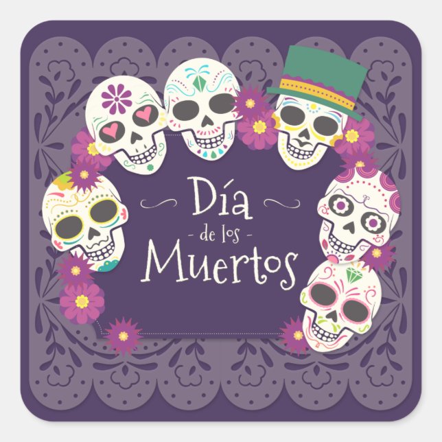Pegatina Cuadrada Día de los Muertos máscaras de cráneo muertos (Anverso)