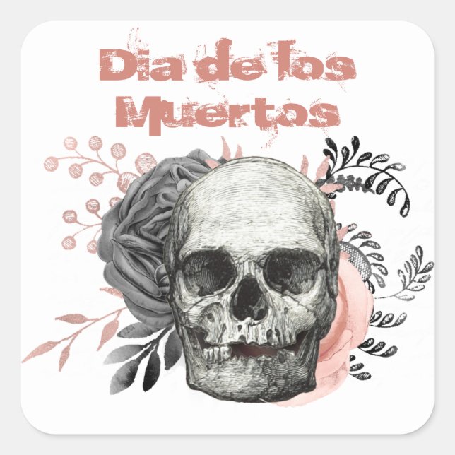 Pegatina Cuadrada Dia de los Muertos Rosa Gray Rose Skull (Anverso)