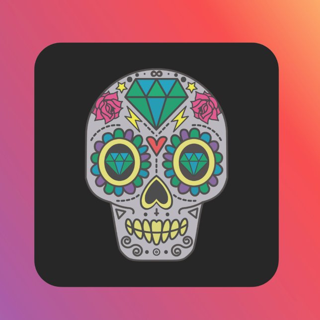 Pegatina Cuadrada Día de los Rosas muertos y crystal Skull en negro (Subido por el creador)