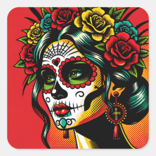 Pegatina Cuadrada Día de muertos Catrina Mexicana Rosas