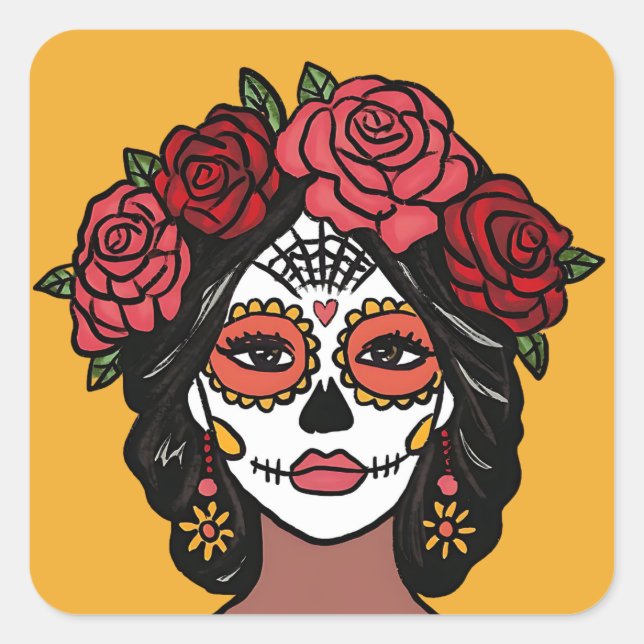 Pegatina Cuadrada Día de Muertos Día de la Catrina Muerta (Anverso)