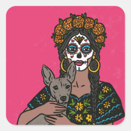 Pegatina Cuadrada Dia de Muertos Marigold and Xolo Dog Stickers