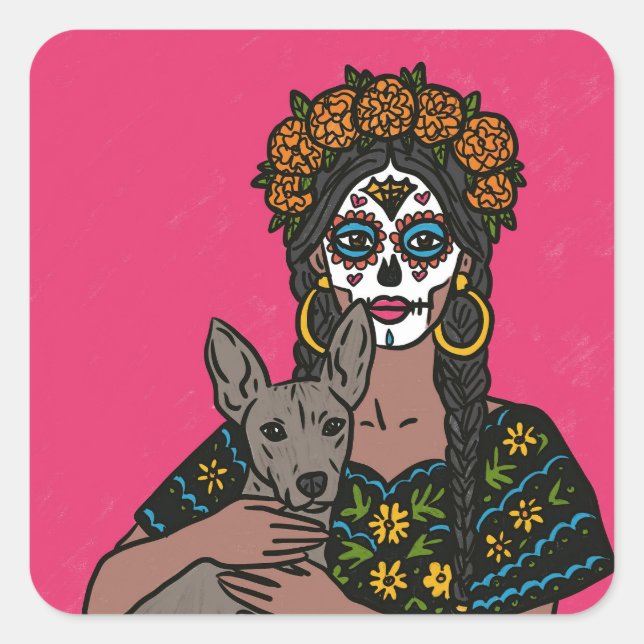 Pegatina Cuadrada Dia de Muertos Marigold and Xolo Dog Stickers (Anverso)
