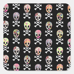 Pegatina Cuadrada Día de Muertos Mexicano Calavera Cruz de Huesos