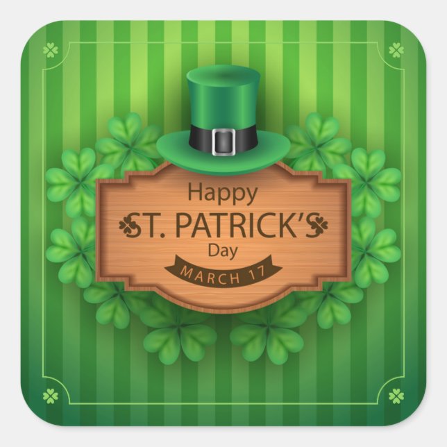 Pegatina Cuadrada Día de San Patricio - Gorra y Clovers (Anverso)