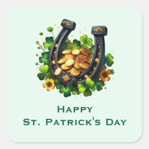 Pegatina Cuadrada Día de San Patricio, las monedas de oro y la herra