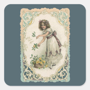 Pegatina Cuadrada Día de San Valentín antiguo, chica victoriana con 