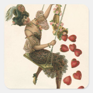 Pegatina Cuadrada Día de San Valentín antiguo, dama victoriana en un