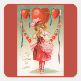 Pegatina Cuadrada Día de San Valentín antiguo, niña victoriana con c