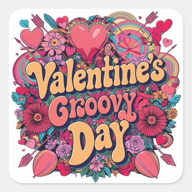 Pegatina Cuadrada Día de San Valentín, clipart retro (Anverso)