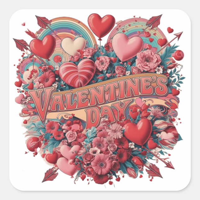 Pegatina Cuadrada Día de San Valentín, clipart retro (Anverso)