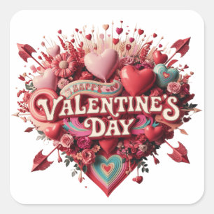 Pegatina Cuadrada Día de San Valentín, clipart retro