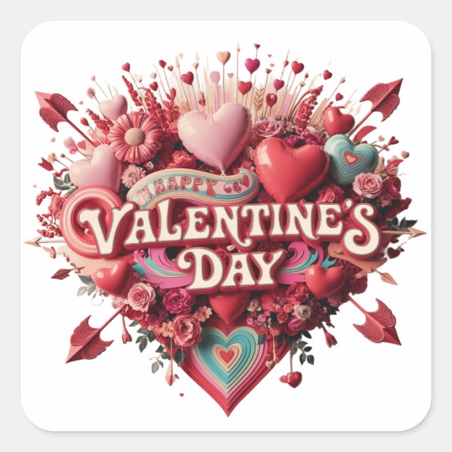 Pegatina Cuadrada Día de San Valentín, clipart retro (Anverso)