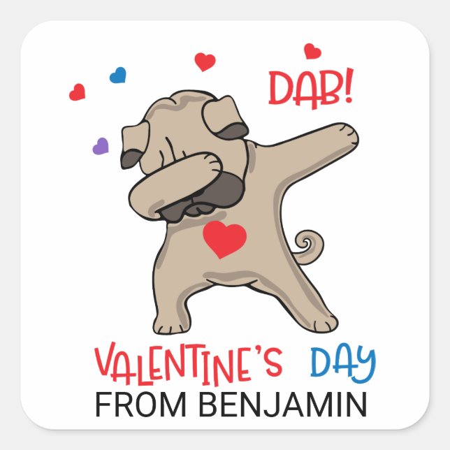Pegatina Cuadrada Día de San Valentín Cute Pug Dog Dab (Anverso)
