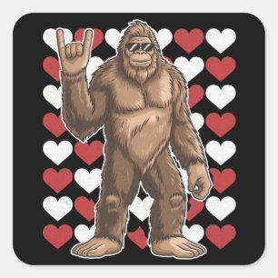 Pegatina Cuadrada Día de San Valentín de Bigfoot Corazones Divertido