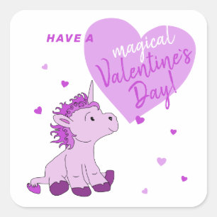Pegatina Cuadrada Día de San Valentín de niños de Corazón de Unicorn