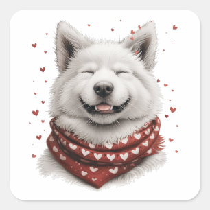 Pegatina Cuadrada Día de San Valentín Perro Samoyedo