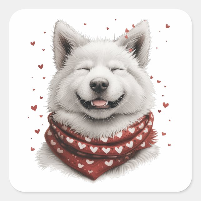 Pegatina Cuadrada Día de San Valentín Perro Samoyedo (Anverso)