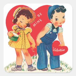 Pegatina Cuadrada Día de San Valentín Retro, Corazones de Niña y Niñ
