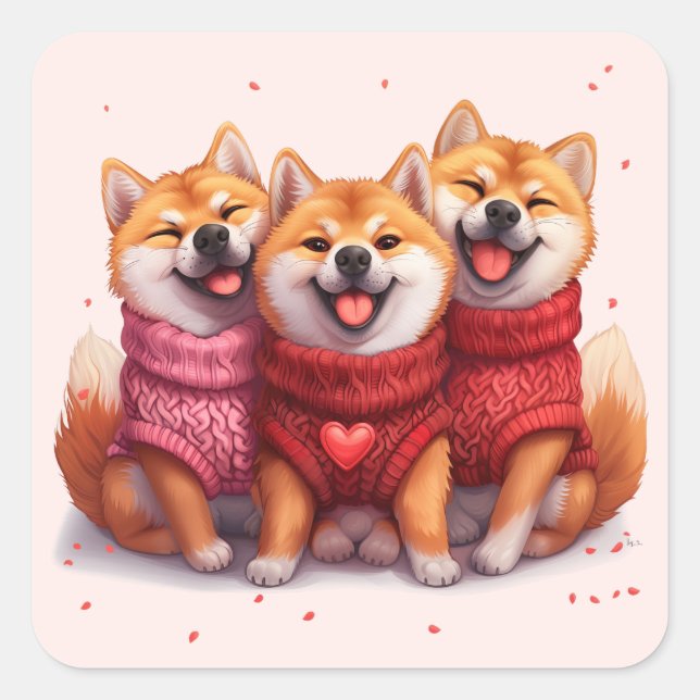 Pegatina Cuadrada Día de San Valentín Shiba Inu Dogs (Anverso)
