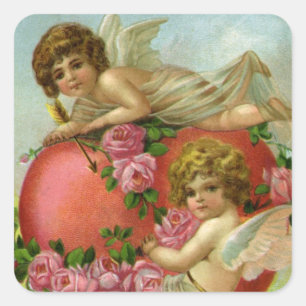Pegatina Cuadrada Día de San Valentín Victoriano Ángeles Vintage Cor