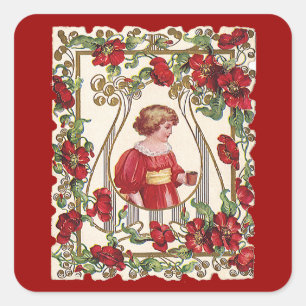 Pegatina Cuadrada Día de San Valentín Victoriano Antiguo Niño con Ro