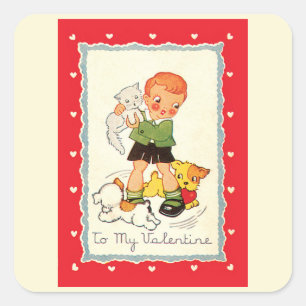 Pegatina Cuadrada Día de San Valentín Victoriano Antiguo Niño, Gato 
