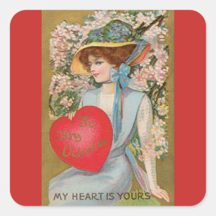 Pegatina Cuadrada Día de San Valentín Vintage, dama victoriana con c