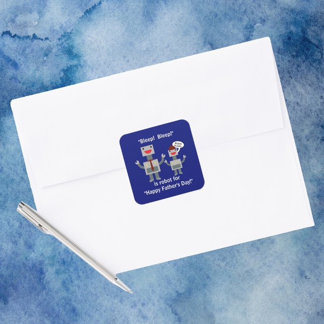 Pegatina Cuadrada Día del Padre desde Son Robot Funny (A Father's Day sticker with a dad robot and a son robot.)