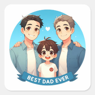 Pegatina Cuadrada Día del Padre - Dos padres y su hijo