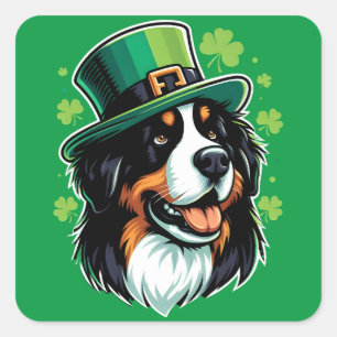 Pegatina Cuadrada Día del Perro Bernés Irlandés Leprechaun Gorra St