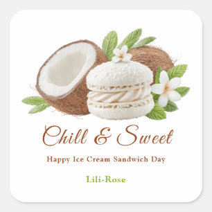 Pegatina Cuadrada Día del Sándwich de Helado Acuarela