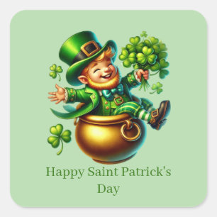 Pegatina Cuadrada Día feliz de San Patricio duende personalizable 