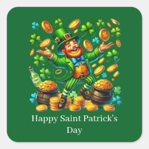 Pegatina Cuadrada Día feliz de San Patricio duende personalizable