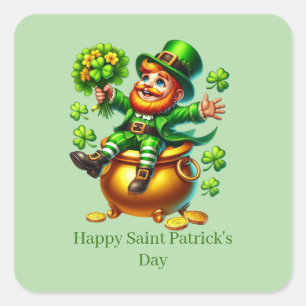 Pegatina Cuadrada Día feliz de San Patricio duende personalizable