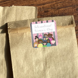 Pegatina Cuadrada Día Internacional de la Mujer Rosa y Plata bonito