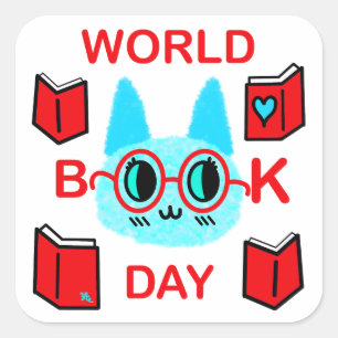 Pegatina Cuadrada Día Mundial del Libro del Gato