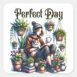 Pegatina Cuadrada Día perfecto | Lectura Chica con gatos y plantas