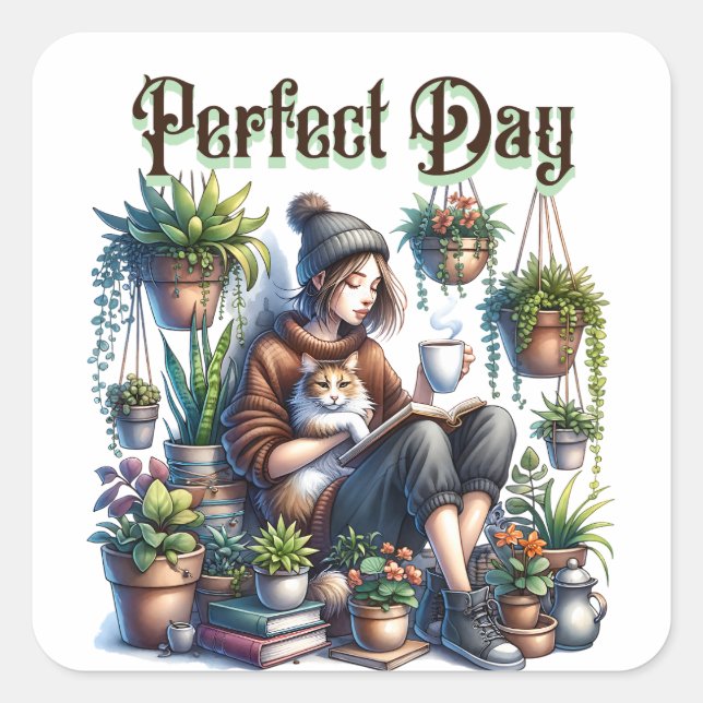 Pegatina Cuadrada Día perfecto | Lectura Chica con gatos y plantas (Anverso)