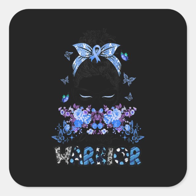 Pegatina Cuadrada Diabetes Warrior Awareness Messy Bun Butterfly Rib (Anverso)