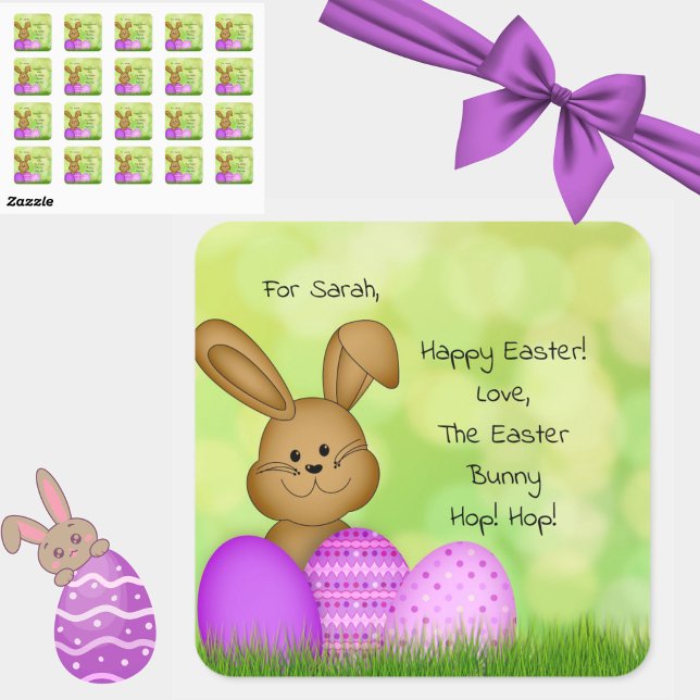 Pegatina Cuadrada Diablos personalizados de Pascua a los niños Pegat (Personalize these cute Easter Bunny to kids stickers for a magical holiday touch!)