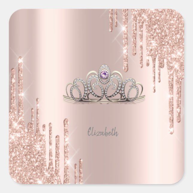 Pegatina Cuadrada Diadema de Rosa Dorado con Efecto de Brillo Modern (Anverso)