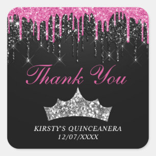 Pegatina Cuadrada Diadema Quinceañera Glitter Chic Rosa Negro Gotean