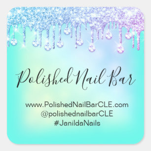 Pegatina Cuadrada Diamante Azul Holográfico Goteo de Uñas Rosa