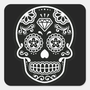 Pegatina Cuadrada Diamante blanco y negro del cráneo del azúcar