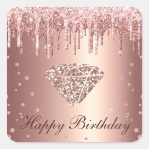 Pegatina Cuadrada Diamante Brillo Rosa Dorado Feliz Cumpleaños