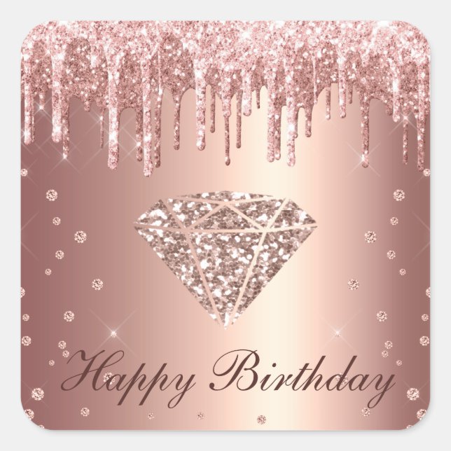 Pegatina Cuadrada Diamante Brillo Rosa Dorado Feliz Cumpleaños (Anverso)
